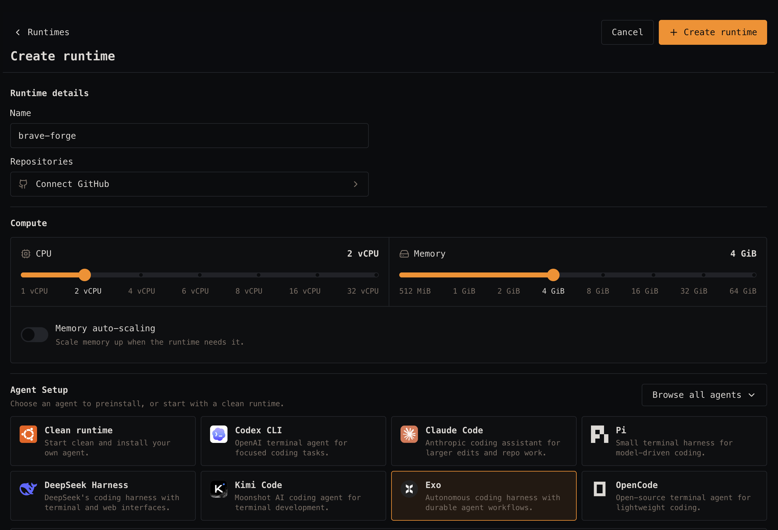 Creating a Runta runtime with Exo Harness and a selected model