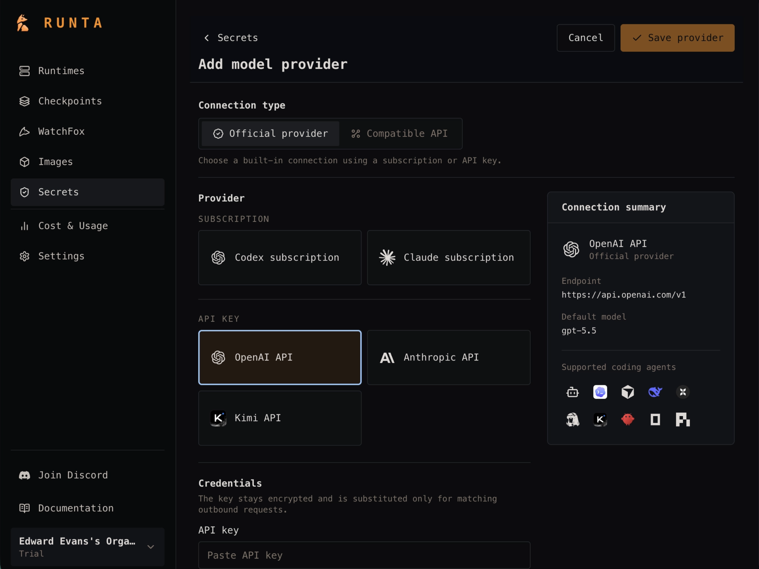 Runta Secrets dashboard for adding a model provider API key